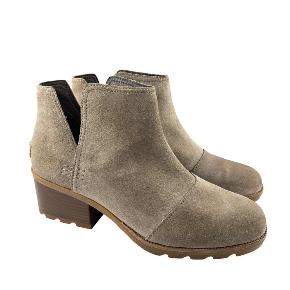 Sorel Women's Cate Ankle Booties 9.5 Taupe Suede Block Heel Cut-Out Boots Boho